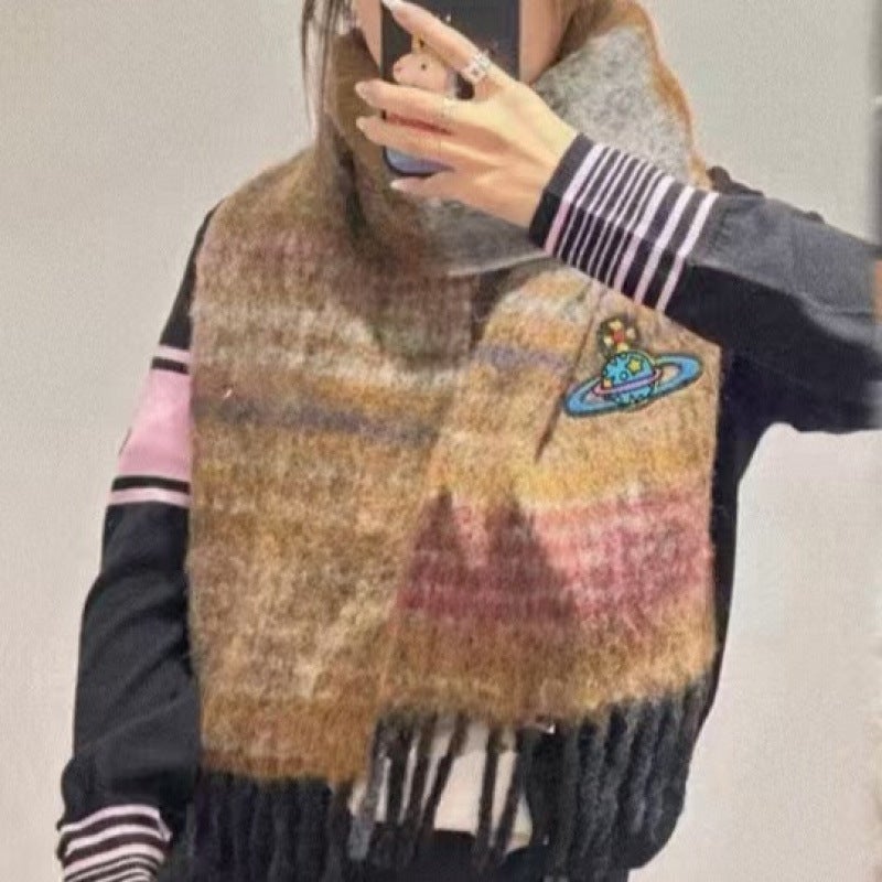 Chessboard Plaid Scarf Mohair Women'S Imitation Cashmere High-End Winter Soft Waxy Warm Tassel Shawl Neck Fashion - Image 5